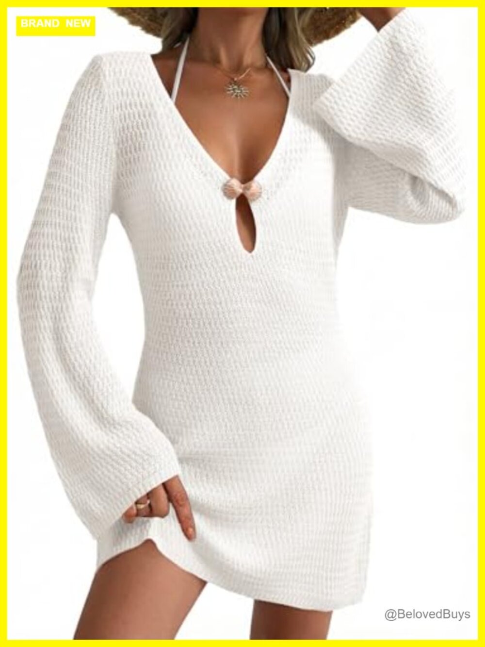 Women's Deep V Neck Bell Sleeve Crochet Knit Beach Cover Up Dress